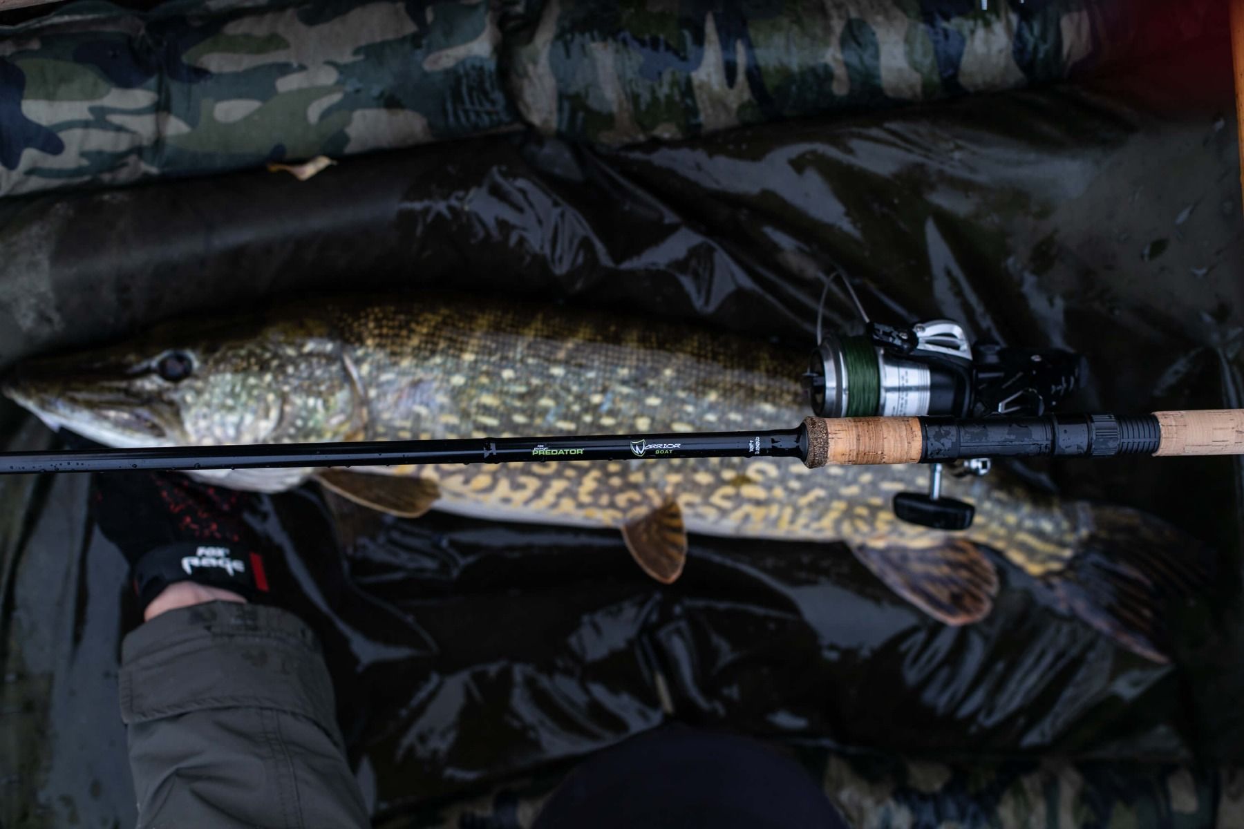 Mat&eacute;riel de P&ecirc;che au Brochet, tapis de r&eacute;ception, Canne, Moulinet et Poisson brochet.