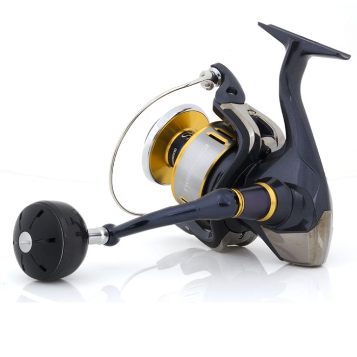Shimano Twin Power SW-B Salzwasser Angelrolle, abgewinkelte Seitenansicht